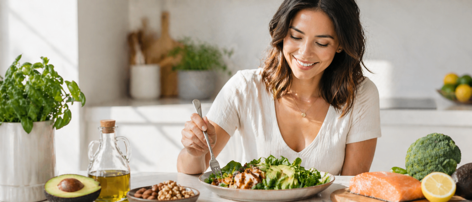 Woman eating a healthy low-carb meal — L.I.V.E. Wellness Medspa Rocklin CA