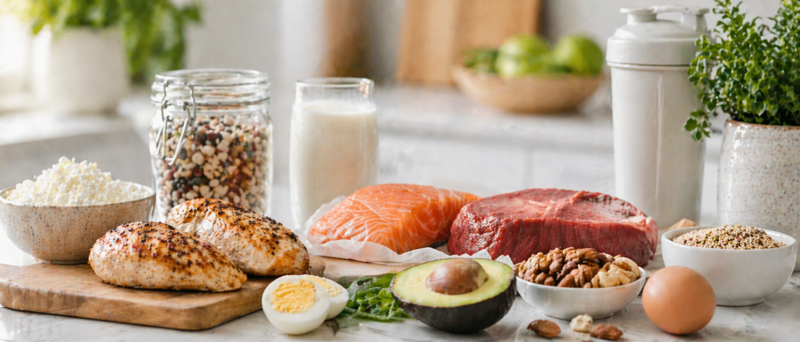High-protein foods including chicken, salmon, beef, eggs, and nuts — L.I.V.E. Wellness Medspa Rocklin CA