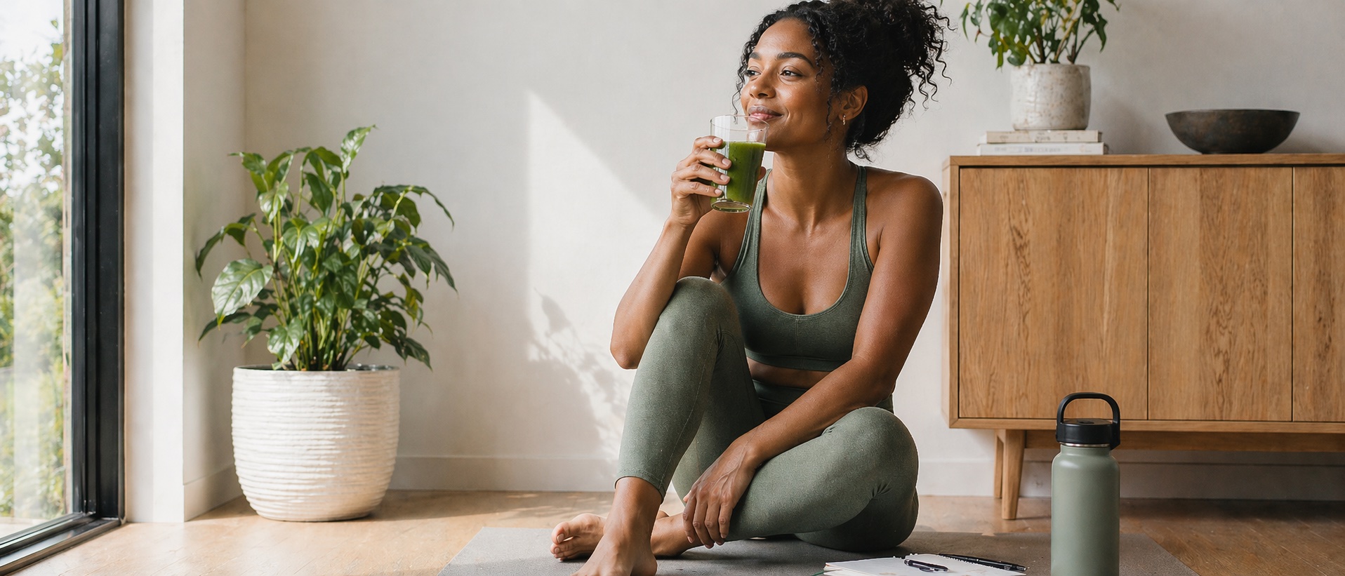 Woman sitting on a yoga mat drinking a green smoothie — L.I.V.E. Wellness Medspa Rocklin CA