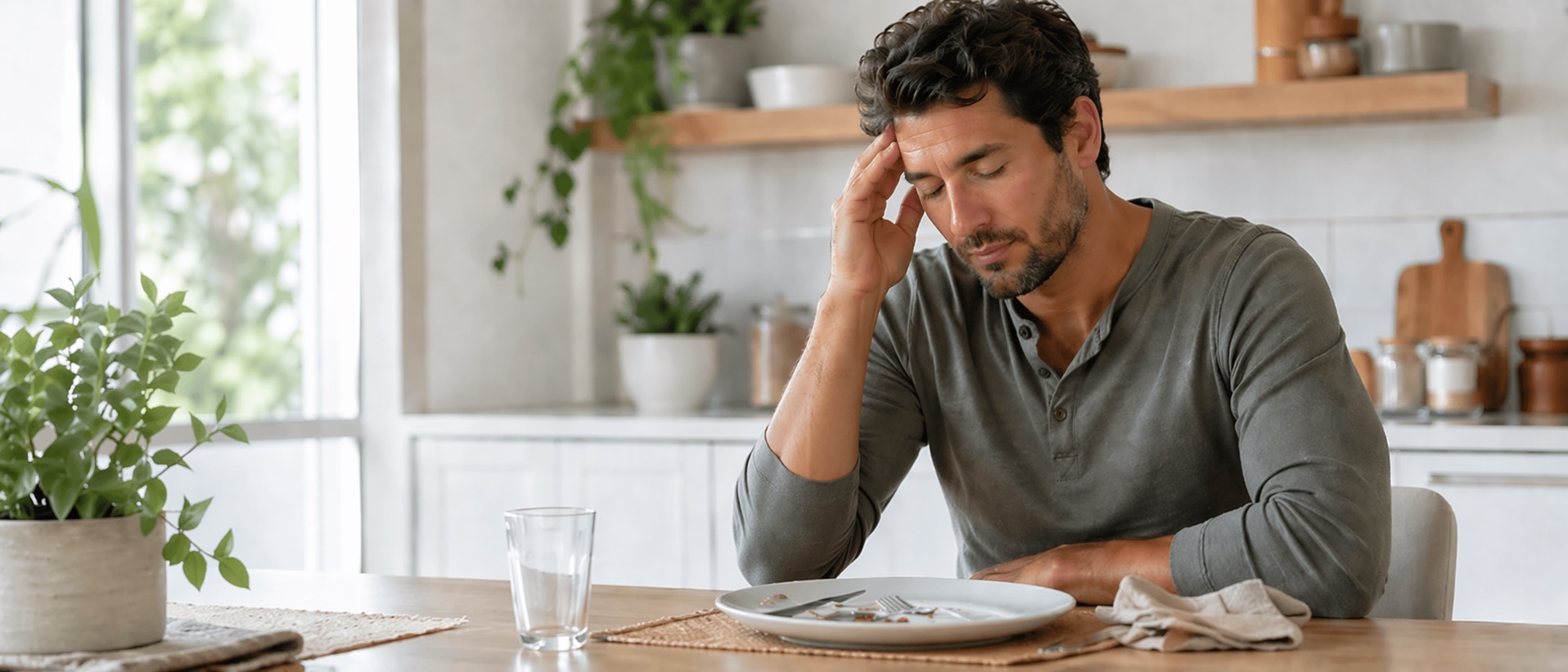 Woman feeling tired and sluggish after a meal — L.I.V.E. Wellness Medspa Rocklin CA
